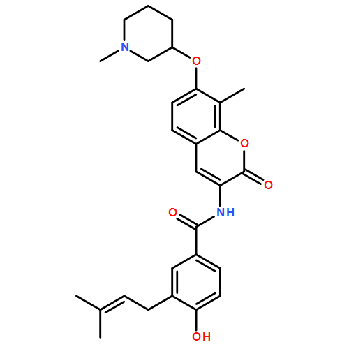 Benzamide, 4-hydroxy-3-(3-methyl-2-buten-1-yl)-N-[8-methyl-7-[(1-methyl-3-piperidinyl)oxy]-2-oxo-2H-1-benzopyran-3-yl]-