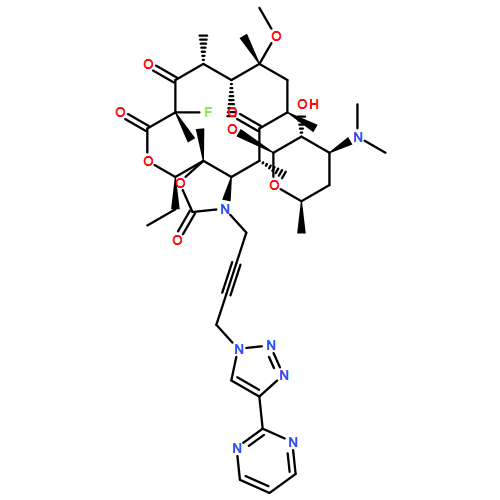 2H-Oxacyclotetradecino[4,3-d]oxazole-2,6,8,14(1H,7H,9H)-tetrone, 4-ethyl-7-fluorooctahydro-11-methoxy-3a,7,9,11,13,15-hexamethyl-1-[4-[4-(2-pyrimidinyl)-1H-1,2,3-triazol-1-yl]-2-butyn-1-yl]-10-[[3,4,6-trideoxy-3-(dimethylamino)-β-D-xylo-hexopyranosyl]oxy]-, (3aS,4R,7S,9R,10R,11R,13R,15R,15aR)-